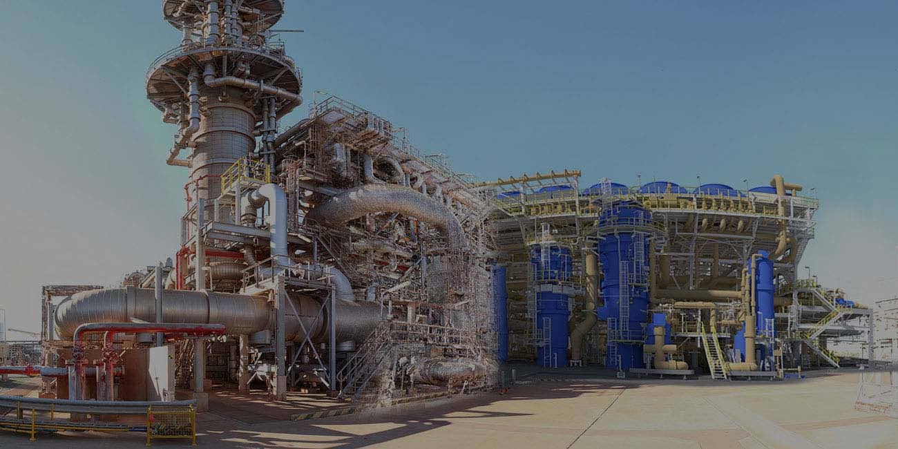 Photograph transitioning to point cloud to rendered 3d model of a process plant
