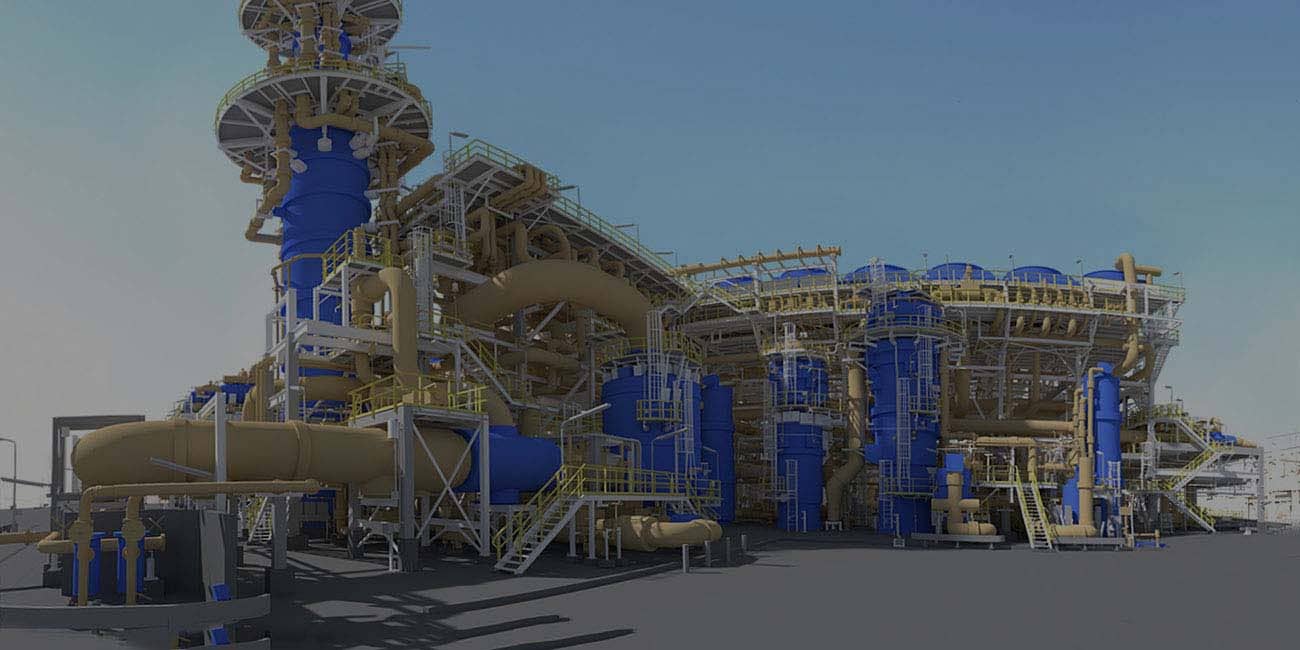 Rendered 3D model of a process plant