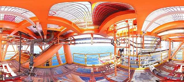 Panoramic photograph of the helideck area of a floating platform