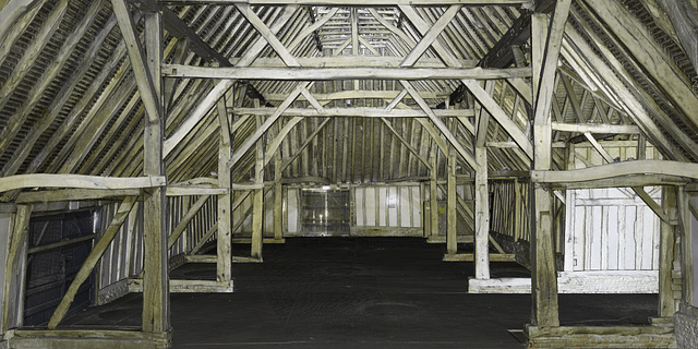 3D laser scan point cloud of a 13th century barn showing the wooden stucture