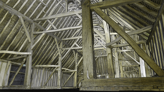 3D laser scan point cloud of a 13th century barn showing the wooden stucture