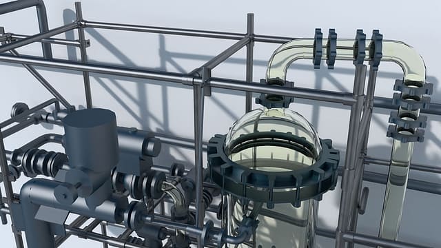 3D as-built CAD model of a glass chemical reactor and piping