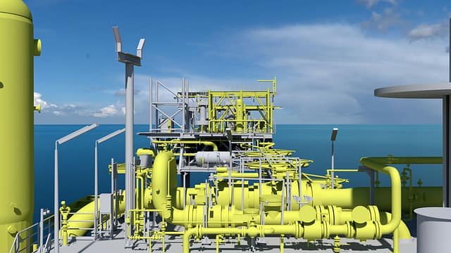 3D computer model of an offshore platform with equipment, piping and structure