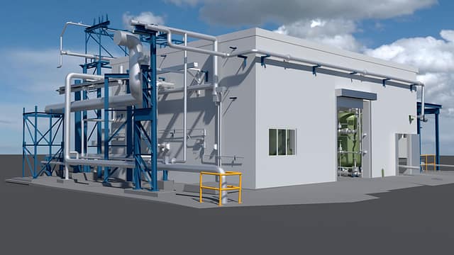 Rendered view of an as-built 3D CAD model of a water plant