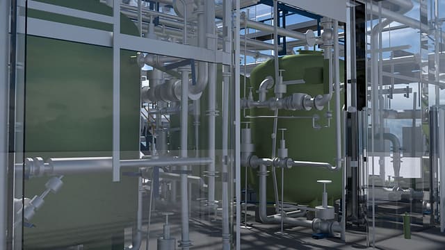 Rendered view of an as-built 3D CAD model of a water plant