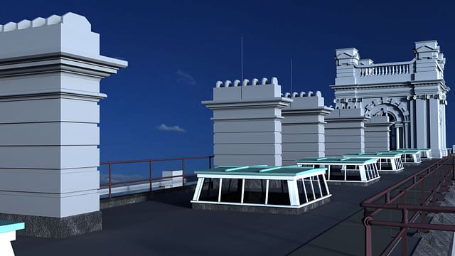 3D as-built CAD model of a rooftop including chimneys, skylights and an ornate tower