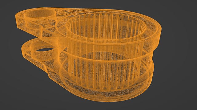 Wireframe rendered view of a spline cam model created from a 3D point cloud